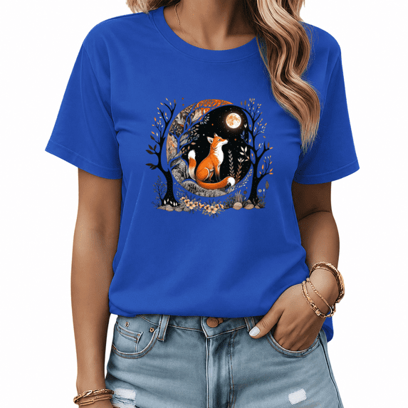 UNISHE Women's Blue Woodland Fox Graphic Short Sleeve T-Shirt Cotton Crewneck Top