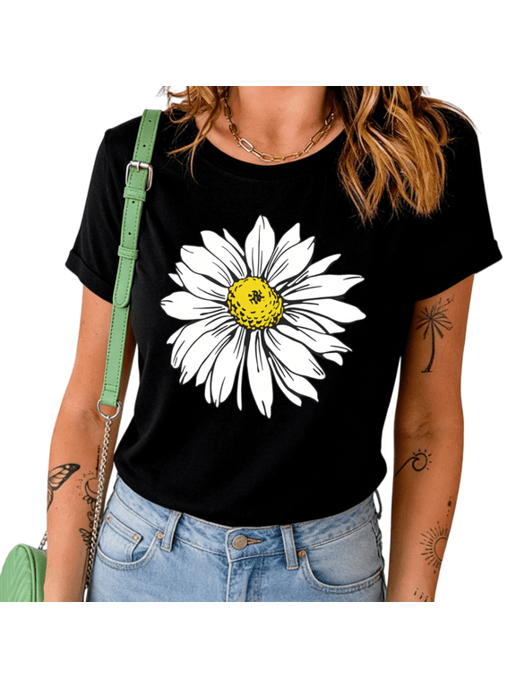 Women's Boho Daisy Floral Graphic Short Sleeve T-Shirt Casual Cotton Crewneck Summer Top