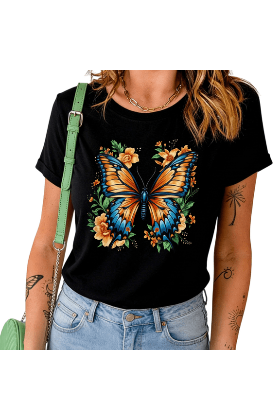Women's Boho Monarch Butterfly Floral Graphic Short Sleeve T-Shirt Casual Cotton Crewneck Summer Top