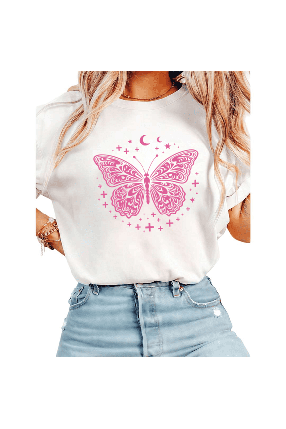 Women's Boho Pink Butterfly Celestial Graphic Short Sleeve T-Shirt Soft Cotton Casual Tee