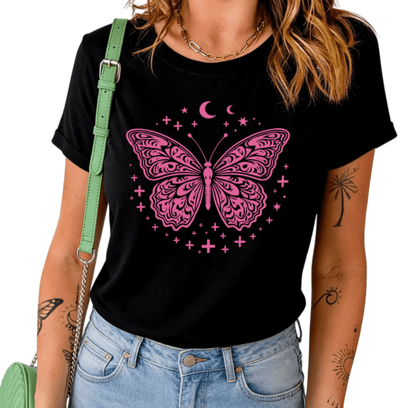 UNISHE Women's Boho Pink Butterfly Moon Star Graphic Short Sleeve T-Shirt Casual Cotton Crewneck Summer Top