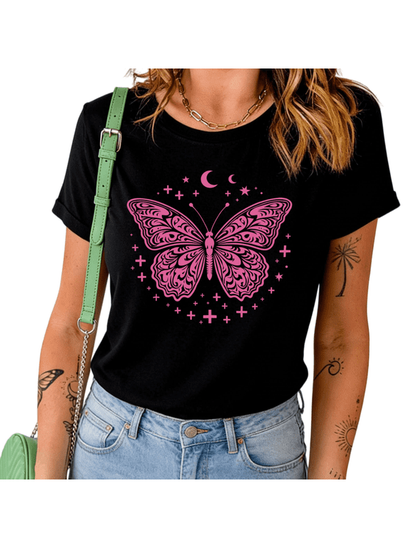 Women's Boho Pink Butterfly Moon Star Graphic Short Sleeve T-Shirt Casual Cotton Crewneck Summer Top