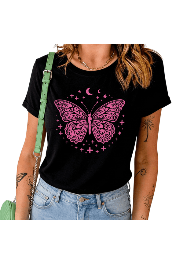 Women's Boho Pink Butterfly Moon Star Graphic Short Sleeve T-Shirt Casual Cotton Crewneck Summer Top