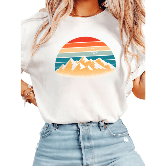 UNISHE Women's Boho Retro Sunset Mountain Nature Graphic Short Sleeve T-Shirt Loose Cotton Top