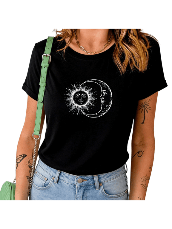 Women's Boho Sun Moon Celestial Graphic Short Sleeve T-Shirt Casual Cotton Crewneck Top
