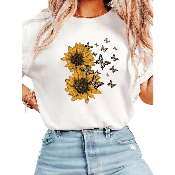 UNISHE Women's Boho Sunflower Butterfly Graphic Short Sleeve T-Shirt Soft Cotton Casual Tee