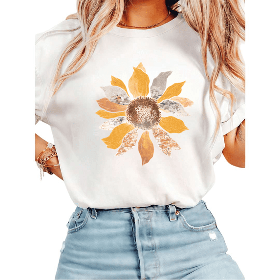 UNISHE Women's Boho Watercolor Sunflower Graphic Short Sleeve T-Shirt Soft Cotton Casual Tee