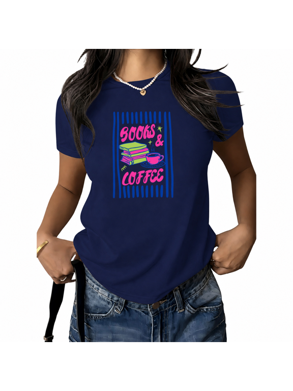 Women s Book Lover Cafe Books And Coffee Graphic Tee Short Sleeve Crewneck Casual Cotton T Shirt
