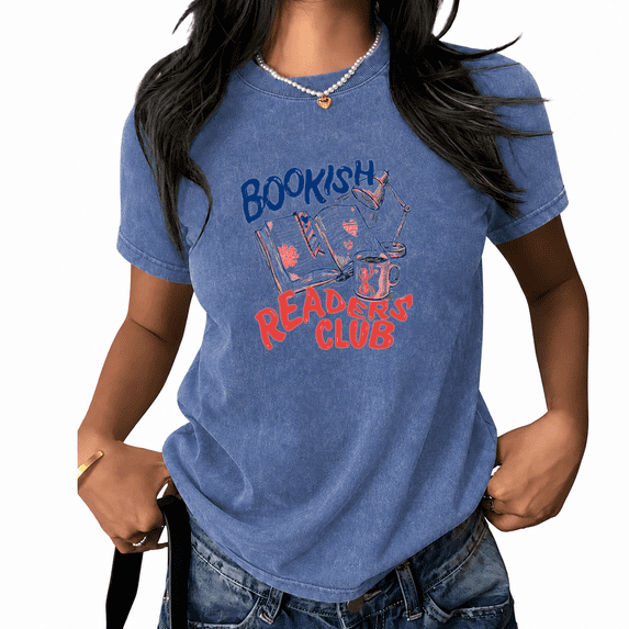 UNISHE Women's Bookish Readers Club Graphic T-Shirt Vintage Washed Retro Top