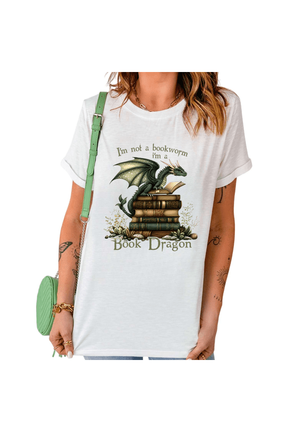 Women's I'm Not A Bookworm I'm A Book Dragon Green Dragon Vintage Stacked Book Floral Graphic Short Sleeve T-Shirt Fantasy Book Lover Crewneck Cotton Top