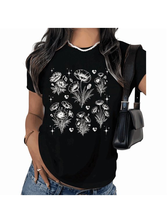 Women's Botanical Poppy Line Art Graphic Tee - Vintage Floral Sketch Print, Short Sleeve Crewneck Summer Top, Alternative Casual Shirt for Ladies