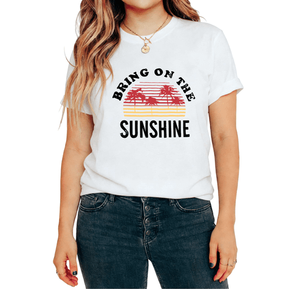 UNISHE Women's Bring On The Sunshine Palm Tree Retro Sunset Graphic Tops Short Sleeve T-Shirt Casual Tees