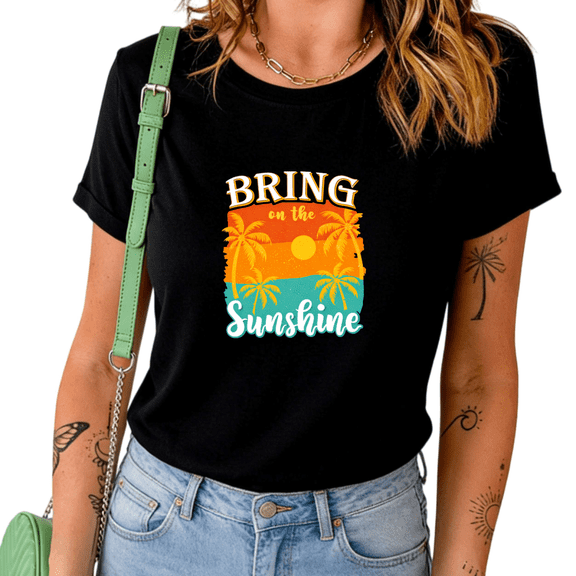 UNISHE Women's Bring On The Sunshine Retro Tropical Palm Tree Graphic Short Sleeve T-Shirt Casual Cotton Summer Beach Top