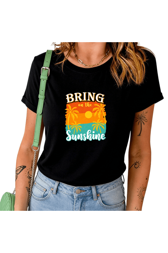 Women's Bring On The Sunshine Retro Tropical Palm Tree Graphic Short Sleeve T-Shirt Casual Cotton Summer Beach Top