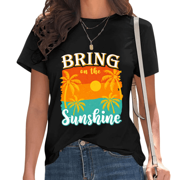 UNISHE Women's Bring On The Sunshine Tropical Beach Sunset Palm Tree Casual Crew Neck Short Sleeve T-Shirt Top