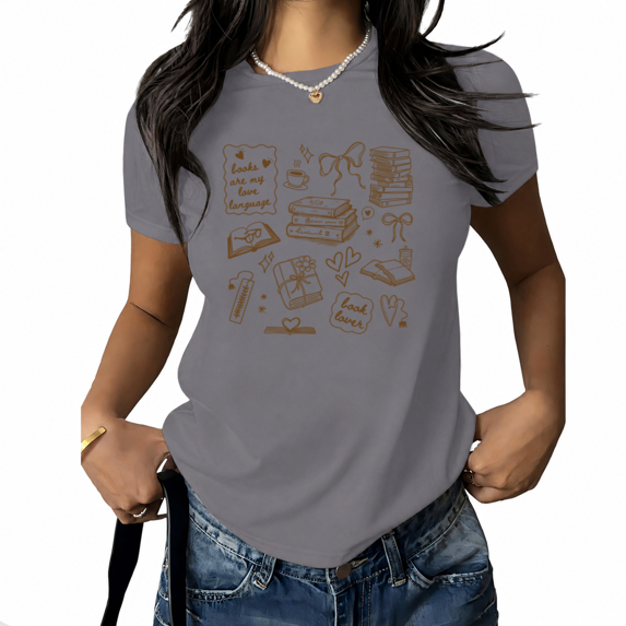 UNISHE Women's Brown Vintage Book Graphic Tee "Books Are My Love Language" Print - Short Sleeve Crewneck Casual Blouse, Trendy Reading Outfit for Her