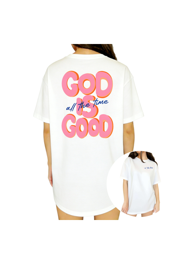 Women's Bubble Letter God Is Good All The Time Faith Slogan Graphic Short Sleeve Crewneck white Tops
