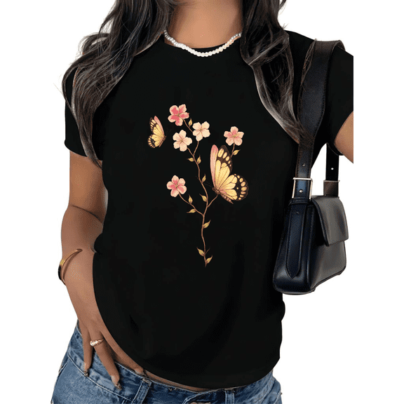 UNISHE Women's Butterfly Floral Graphic Tee Pink Flower Butterfly Print Short Sleeve Casual T-Shirt