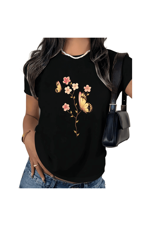 Women's Butterfly Floral Graphic Tee Pink Flower Butterfly Print Short Sleeve Casual T-Shirt