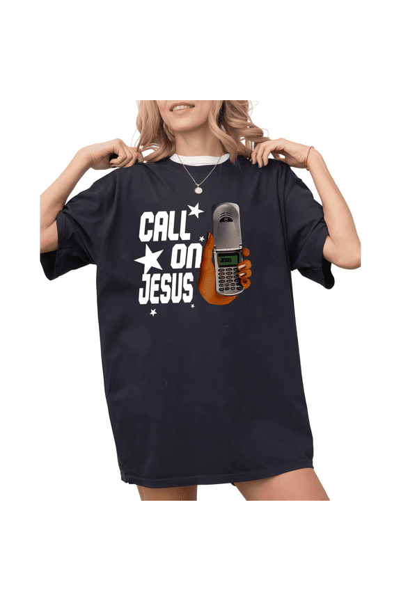 Women's Call On Jesus Flip Phone Christian Star Graphic Black Short Sleeve T-Shirt Holiday S-5XL Top