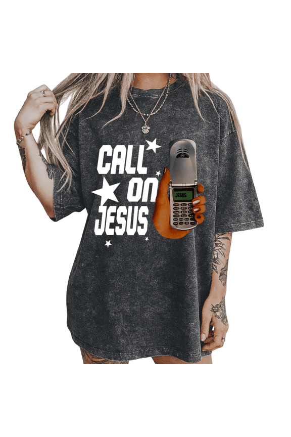 Women's Call On Jesus Retro Flip Phone Christian Vintage Washed T-Shirt Short Sleeve Crewneck Oversized Relaxed Fit Faith S-2XL Top