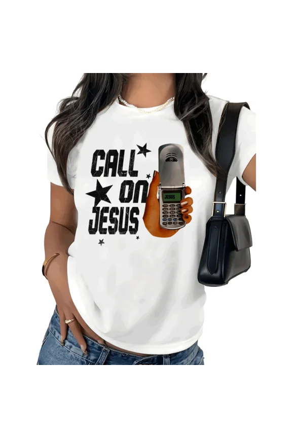 Women's Call On Jesus Vintage Flip Phone Graphic Short Sleeve T-Shirt Soft Cotton Crewneck Casual Top S-5XL