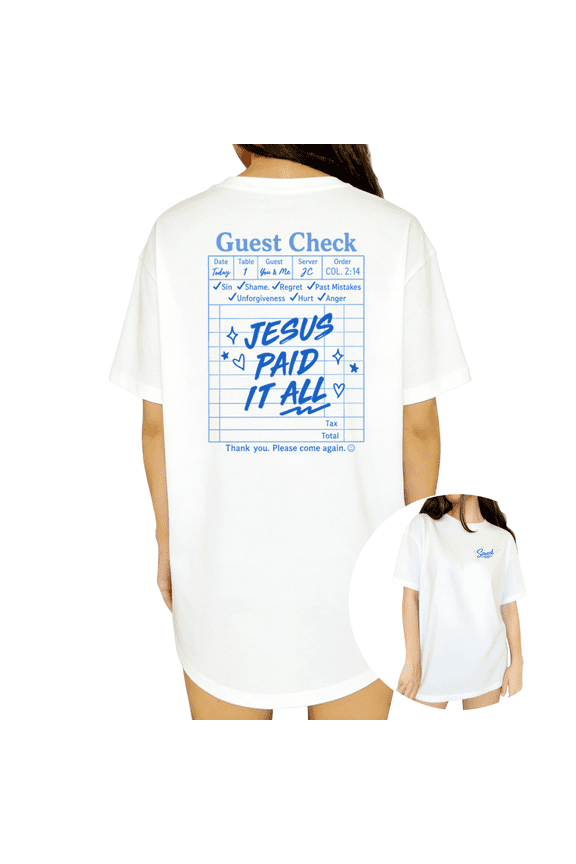 Women's Calm Heart Vintage Diner Ticket Jesus Full Forgiveness Spiritual Saying Graphic Short Sleeve Crewneck white Tops