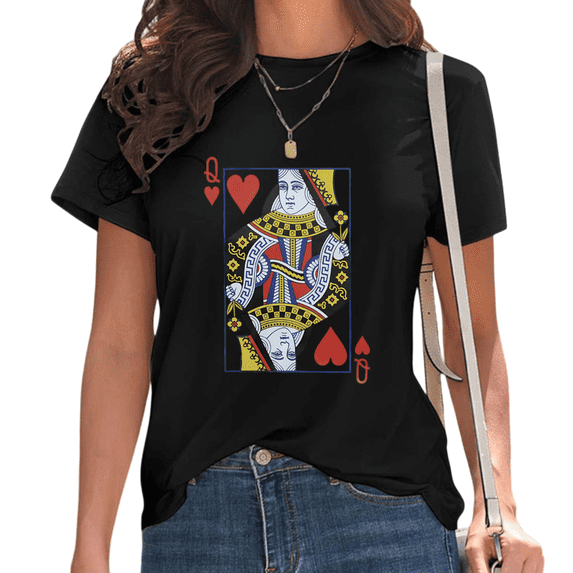 UNISHE Women's Casual Poker Deck Queen Cotton Blend T-Shirt Aesthetic Hearts Fashion Top Black, 3XL