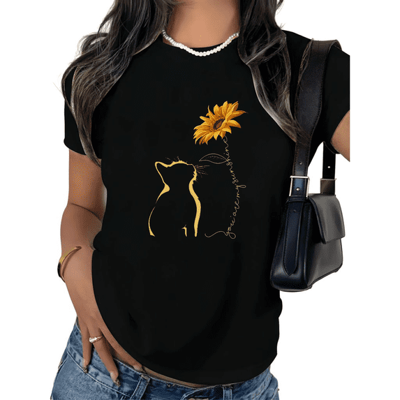 UNISHE Women's Cat Sunflower Silhouette Graphic Short Sleeve T-Shirt Cute Animal Lover Golden Print Cotton Crewneck Top