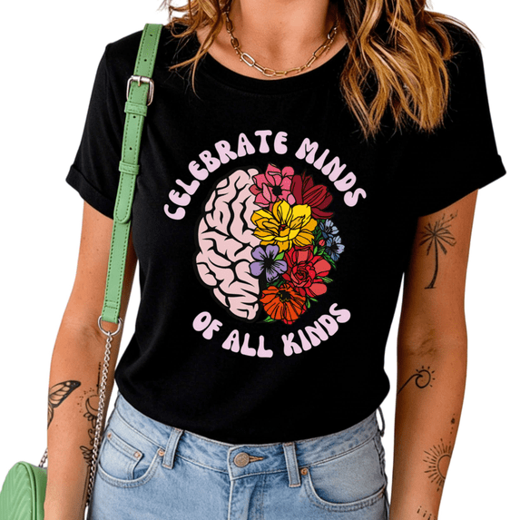 UNISHE Women's Celebrate Minds Of All Kinds Floral Brain Autism Awareness Casual Crew Neck Short Sleeve T-Shirt Top