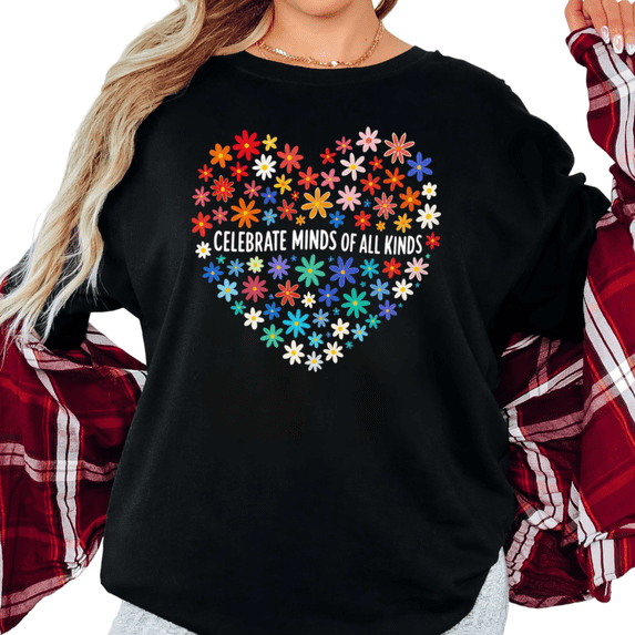 UNISHE Women's "Celebrate Minds Of All Kinds" Floral Heart Graphic Short Sleeve T-Shirt Casual Cotton Crewneck Top