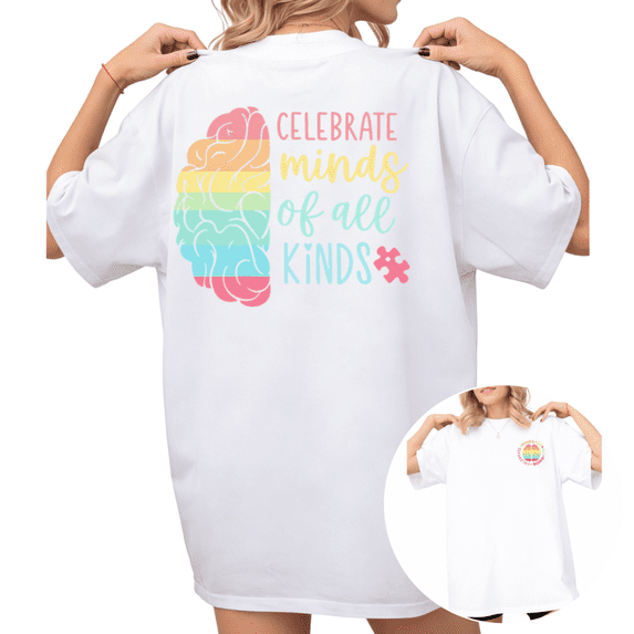 UNISHE Women's "Celebrate Minds Of All Kinds" Rainbow Brain Graphic Short Sleeve T-Shirt Casual Cotton Crewneck Top