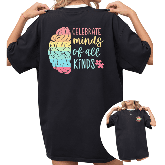 UNISHE Women's "Celebrate Minds Of All Kinds" Rainbow Brain Graphic Short Sleeve T-Shirt Casual Cotton Crewneck Top
