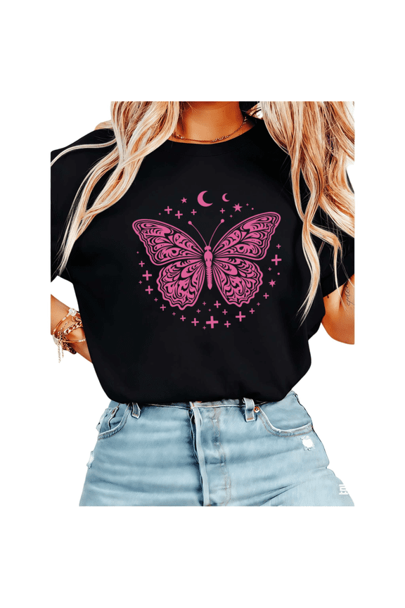 Women's Celestial Butterfly Moon Star Graphic Short Sleeve T-Shirt Casual Cotton Crewneck Top