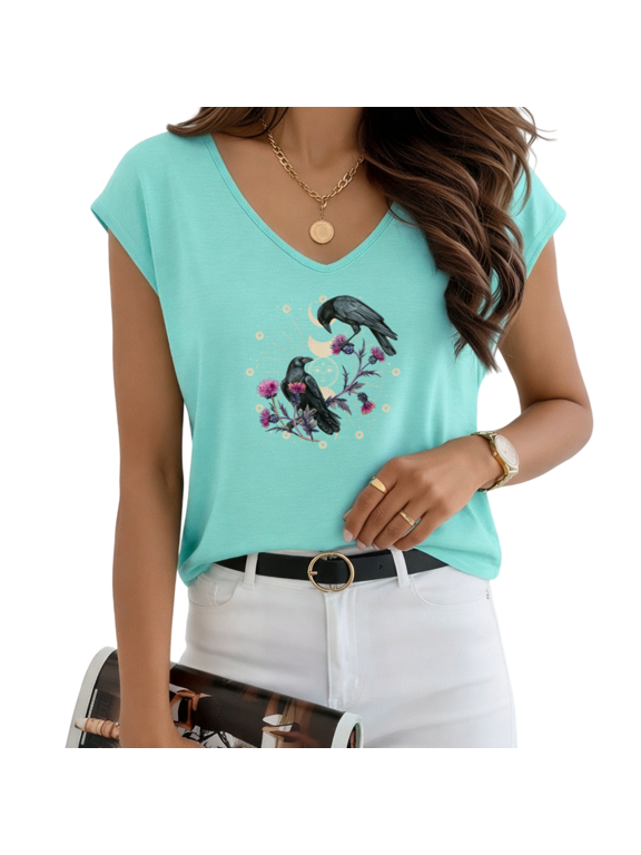 Women's Celestial Crow Floral V-Neck Sleeveless T-Shirt Blue S-5XL Daily Top