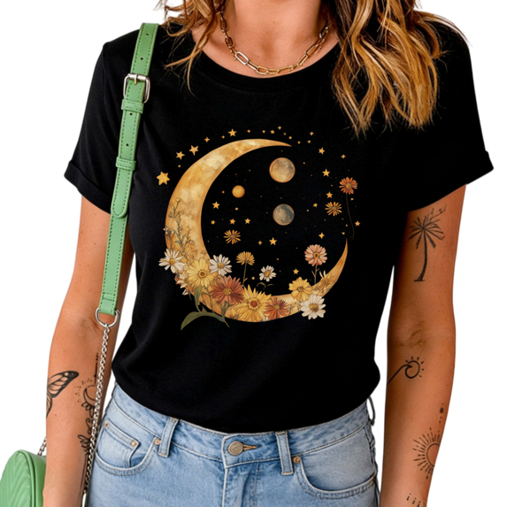 UNISHE Women's Celestial Floral Moon Phase Graphic Crew Neck Short Sleeve T-Shirt Casual Tee