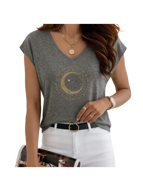 Women's Celestial Gold Moon Star V-Neck Sleeveless T-Shirt Dark Gray Mystical Top
