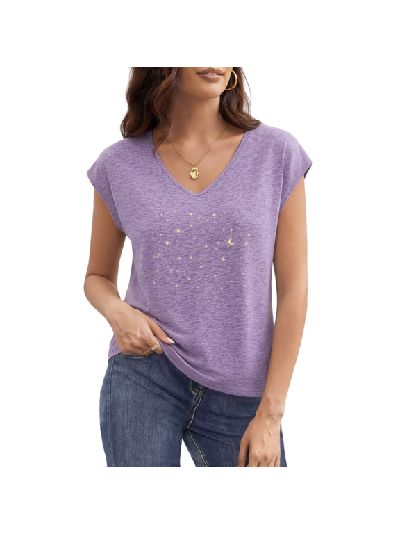 Women's Celestial Line Art V-Neck Tank - Crescent Moon & Stars Graphic, Minimalist Space Sleeveless Top for Boho Summer Style