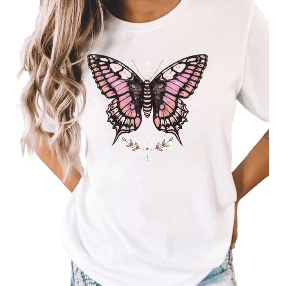 UNISHE Women's Celestial Pink Butterfly Graphic Short Sleeve T-Shirt Casual Cotton Crewneck Top