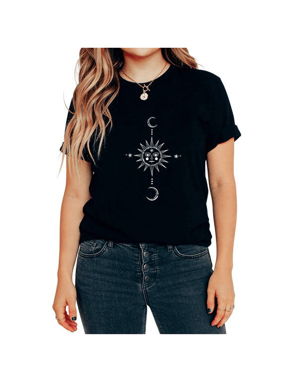Women's Celestial Sun Moon Star Mystical Boho Minimal Line Art Graphic Tops Short Sleeve T-Shirt Commuting