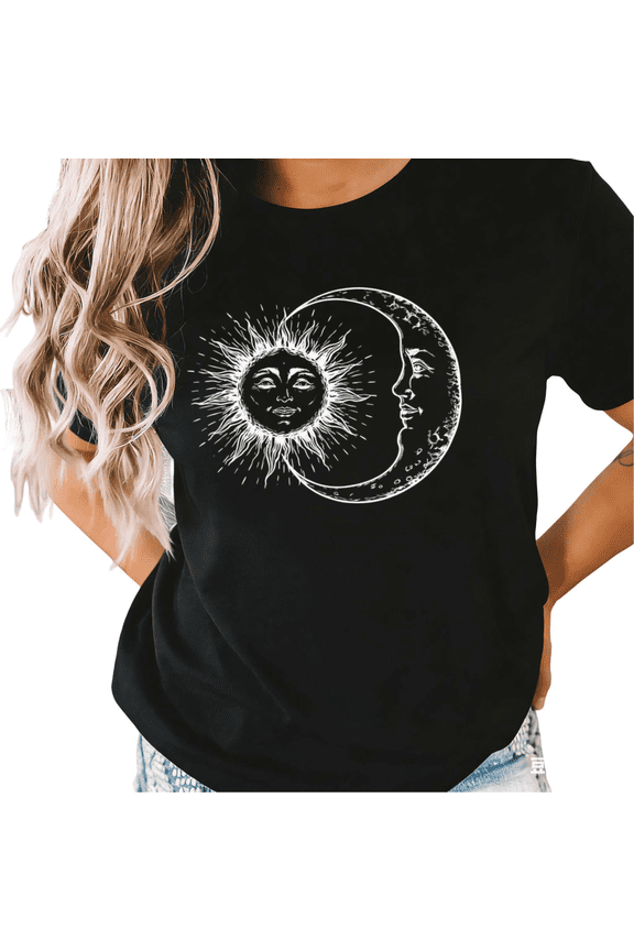 Women's Celestial Sun and Moon Mystical Graphic Short Sleeve T-Shirt Casual Cotton Crewneck Top