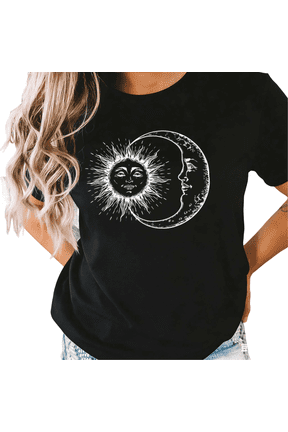 Women's Celestial Sun and Moon Mystical Graphic Short Sleeve T-Shirt Casual Cotton Crewneck Top
