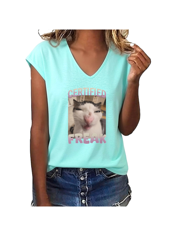 Women's Certified Freak Funny Meme Cat Graphic V-Neck Short Sleeve Casual Humor Weird Pet Lover T-Shirt Top