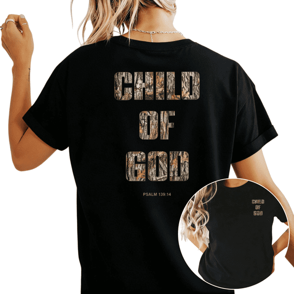 UNISHE Women's "Child of God" Psalm 139:14 Camo Print Graphic Short Sleeve T-Shirt Casual Cotton Crewneck Top