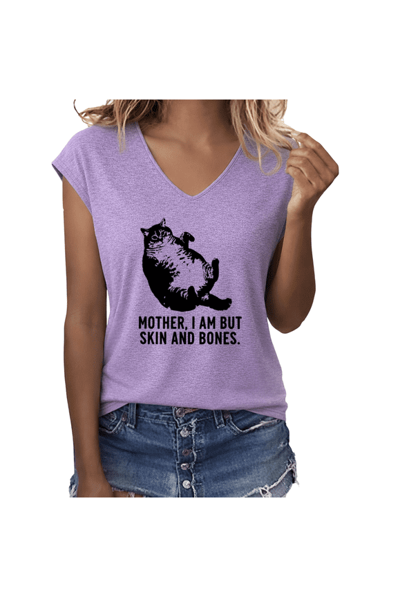 Women's Chonky Fat Cat Skin And Bones Funny Quote Graphic V-Neck Short Sleeve Casual Humor Pet Meme T-Shirt Top