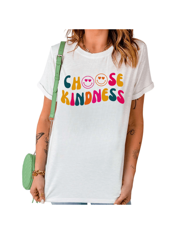 Women's Choose Kindness Retro Smiley Face Graphic Short Sleeve Crewneck T-Shirt Casual Inspirational Cotton Tee