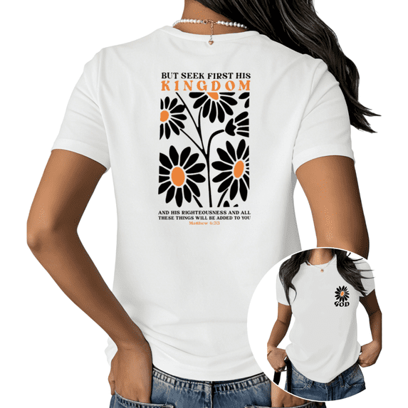 UNISHE Women’s Christian Bible Verse Graphic Short Sleeve T-Shirt – Matthew 6:33 Seek First His Kingdom, Daisy Flower Inspirational Faith Tee for S-5XL