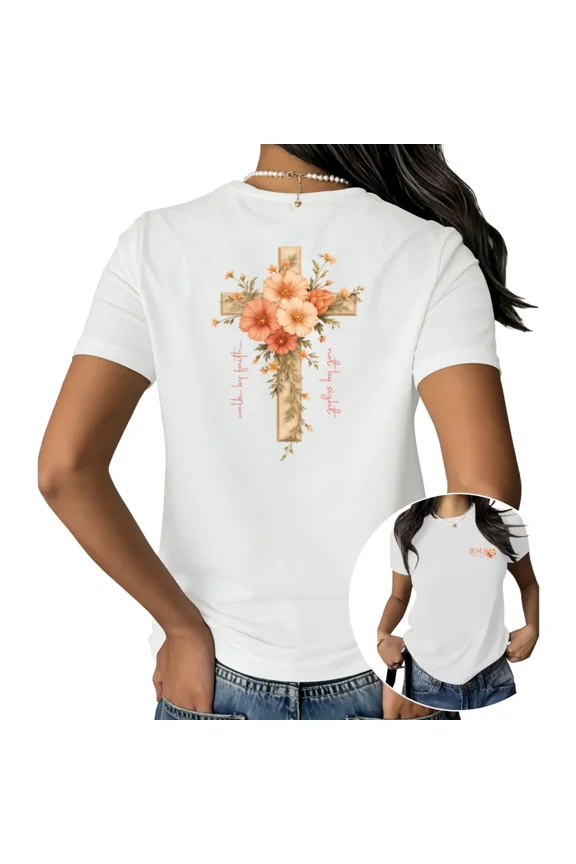 Women's Christian Faith Cross Floral Graphic Short Sleeve T-Shirt Casual Cotton Crewneck Top