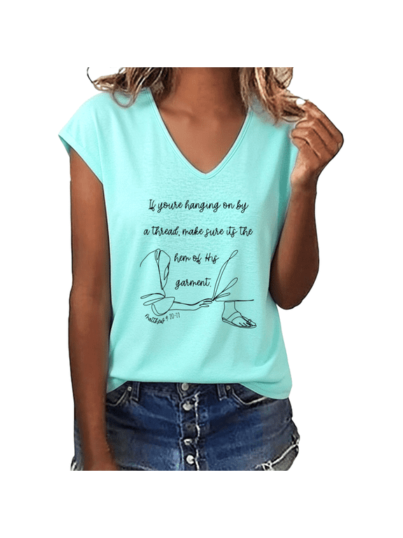 Women's Christian Faith Scripture Hem Of His Garment Graphic V-Neck Short Sleeve T-Shirt Religious Tee