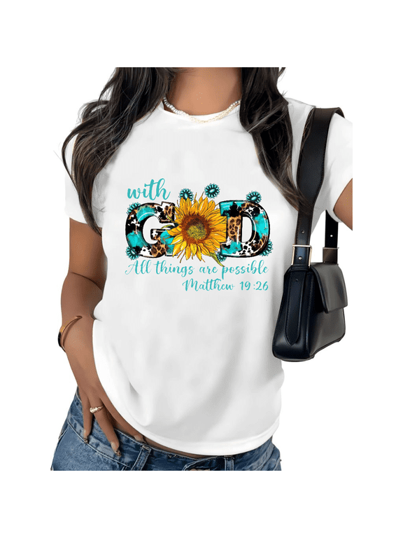Women's Christian Faith Sunflower Graphic Tee with God Bible Verse All Things Are Possible Western Style Short Sleeve T-Shirt